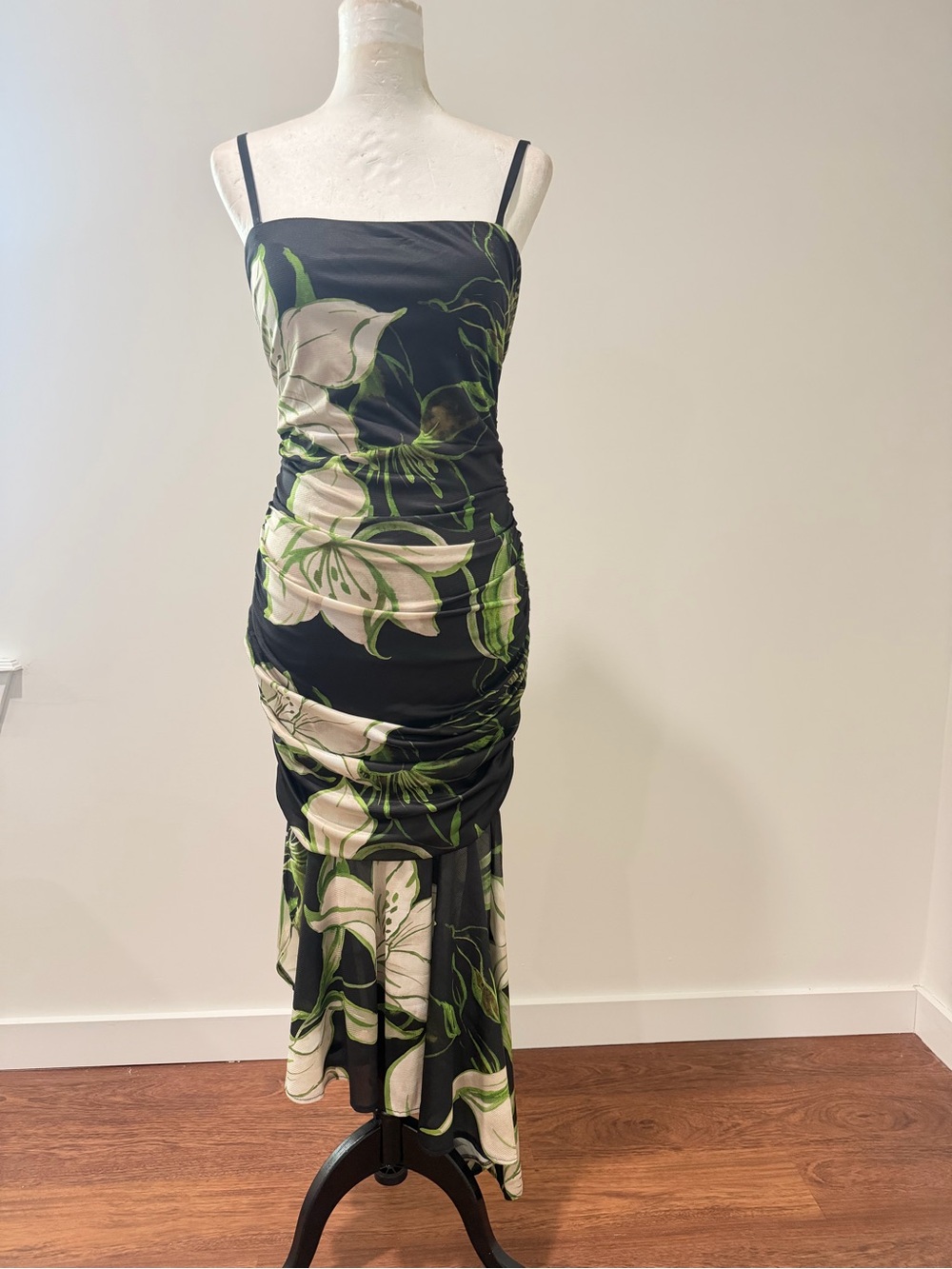 Siena Studio Black Floral High-Low Slip Dress with Green Leaves